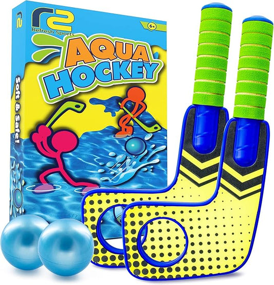 Fun Mini Hockey Sticks Game - Play at the Pool & Beach or in Home - For Kids & Adults All Ages - Use The Floating Soft Paddles to Shoot the Water Skipping Balls - Comes With 2 Sticks & 2 Balls