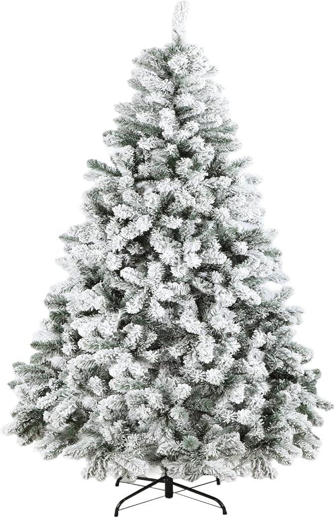 6ft Snow-Flocked Artificial Christmas Tree, Premium Unlit Holiday Xmas Tree for Home Office Party Decoration with 800 PVC Hinged Branch Tips, Foldable Stand, Green&White