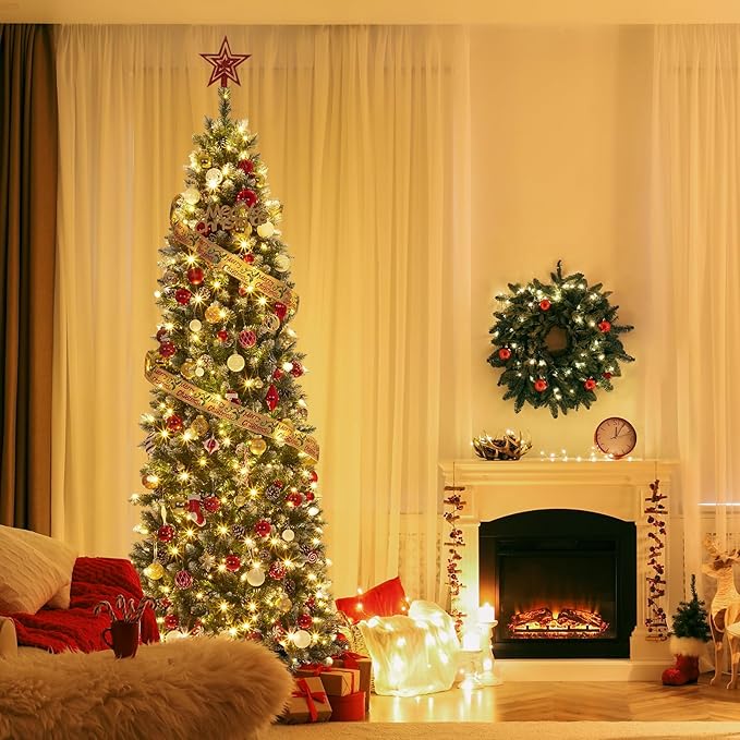 GAOMON Slim Artificial Christmas Tree, 7.5ft Pre-lit with 600 Warm White Lights, Pre-Decorated 84 Pine Cones & 900 Flocked Tips, for Home Office Party Decor (Xmas, New Years) Includes Metal Stand