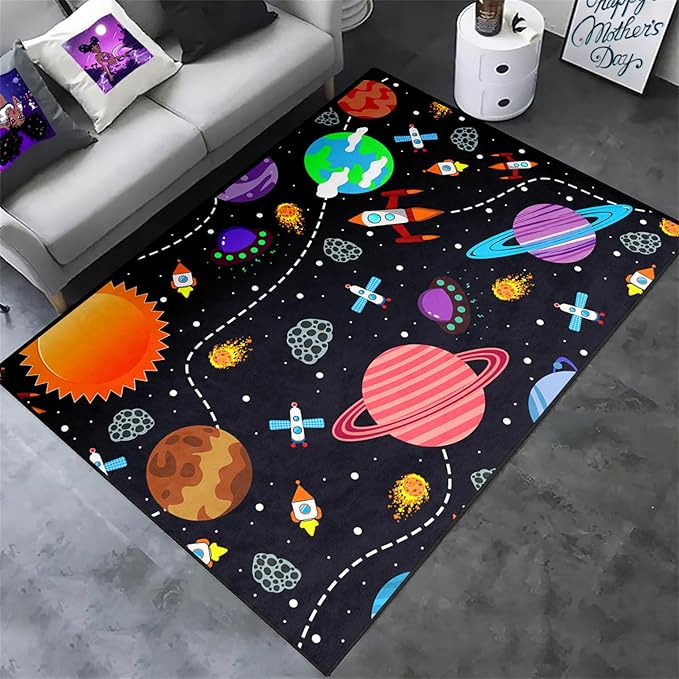 Outer Space Rug for Boys - 2'×3' Galaxy Carpet for Boys Room Cute Cartoon Universe Planet Area Rug Satellite Rockets Kids Baby Polyester Crystal Floor Mat Kids Play Carpet for Children Bedroom