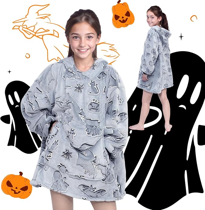 REXEO Halloween Blanket Hoodie Gifts for Kids - Wearable Blankets for Toddler 6-10 Year Old, Halloween Birthday Gifts Decorations, Flannel Hooded Blanket with Larger Pocket for Boys Girls