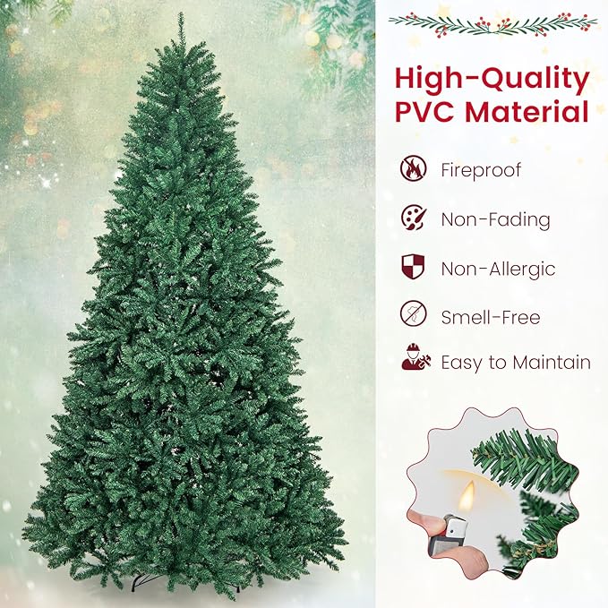GOFLAME 9 FT Artificial Christmas Tree, Hinged Xmas Tree with 3594 PVC Branch Tips and Folding Metal Stand, Lifelike Christmas Decoration Tree for Home, Office, School, Easy Setup, Green