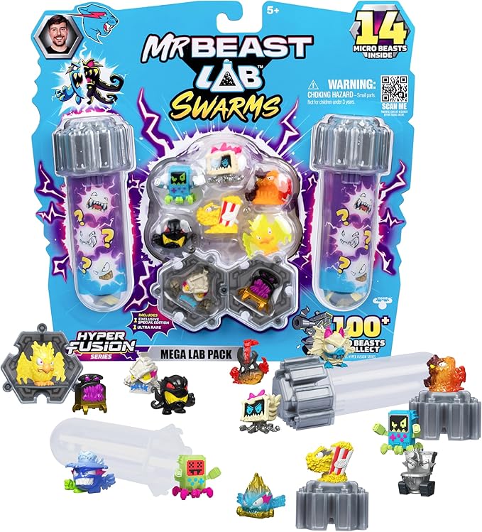 MRBEAST LAB Swarms Series 3, Hyper Fusion Series, 14 Pack Collectible Micro Beasts, 14 Collectible Stickers & 4 Fusion Caps to Build Out Your Own Milk Bones