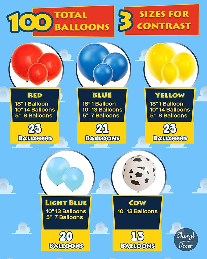 ALL-IN-1 Toy Story Balloons Garland Kit & Arch for Toy Story Birthday Party and Baby Shower Decorations - Toys Story Balloons Latex with Cow Pattern for Woody and Buzz Lightyear Theme Supplies