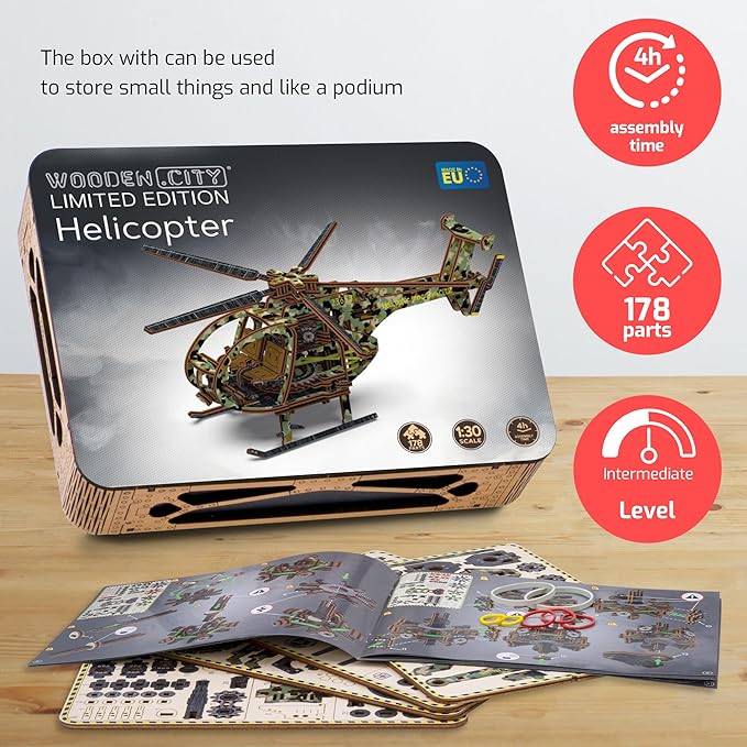 WOODEN.CITY Helicopter LE 3D Puzzles for Adults – Limited Edition Helicopter Kit with Rotating Propeller & 154 Laser-Cut Pieces – Build & Display Rotary Aircraft for Adults & Teens – Wooden Model Gift