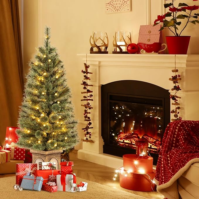 Goplus 4ft Pre-Lit Christmas Tree for Entrances, Set of 2 Artificial Potted Xmas Tree with 100 LED Lights, Timer, 3 Lighting Modes, 116 Branch Tips, Pine Needles, Antique Urn Base, Porch Holiday Decor