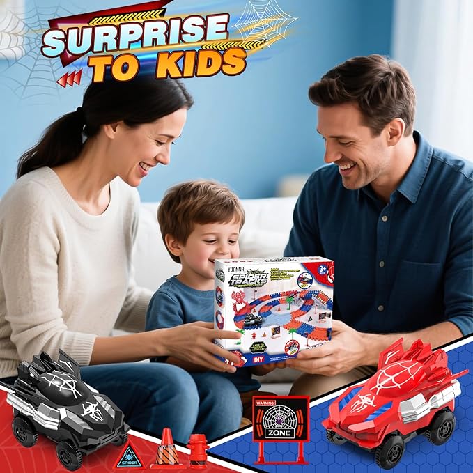 Spider Toys for Boys 4-6, with 2pcs Spider Cars and 1pcs Stand-Spider for Kids Toddler, 212 Pcs Race Track, 3 4 5 6 7 8 Year Old Boys Girls Birthday Party Favor Gift
