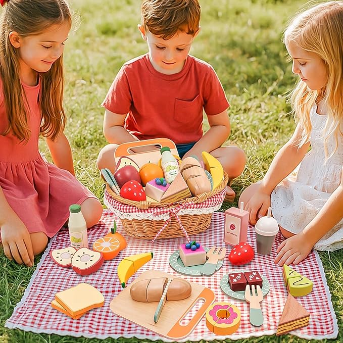 Wooden Picnic Basket Toy Set with Realistic Play Food - Kids Pretend Play Kitchen Accessories for Toddlers 3-8, Wood Play Food for Imaginative Tea Party & Outdoor Fun