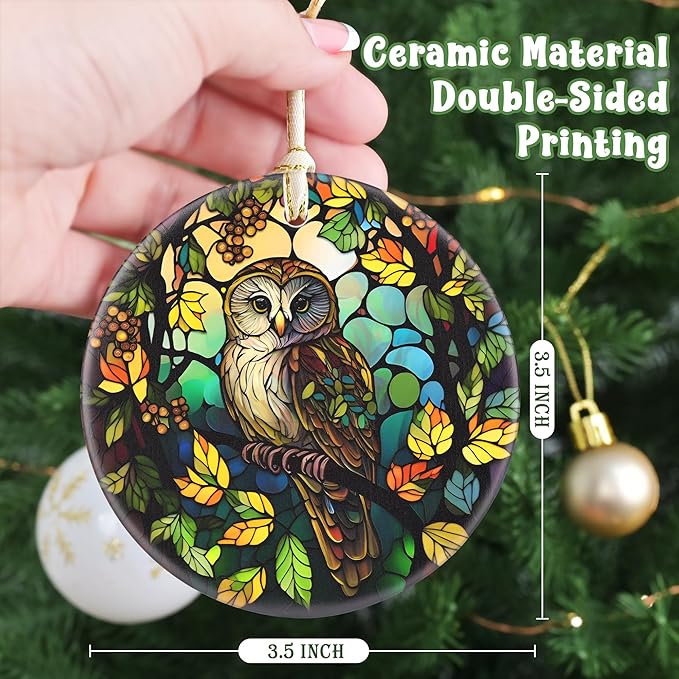 Owl Ceramic Christmas Ornament, 3.5 Inch Hanging Ornament for Christmas Tree, Gifts & Holiday Presents