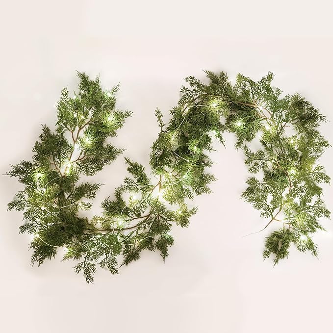 RECUTMS Mantle Garland 6FT Garlands with Lights 30 LED Strings Fake Hanging Plants Greenery Outdoor Wreath Plant Classic Leaves Soft Plastic for Arch Porch Wall Wedding (Green Light S)