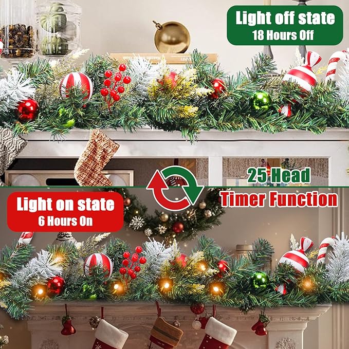 Christmas Garland Lighted Indoor Outdoor Decorations Artificial Christmas Garlands with Light Mantel Candy Cane for Door Porch Holiday Party Outdoor Indoor Xmas Decor 6FT