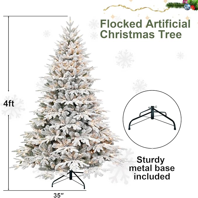 4ft Prelit Flocked Artificial Christmas Tree with 907 PE PVC Tips, Premium Snow Pre-Lit Holiday Xmas Tree with 150 UL Incandescent Lights, Foldable Base for Home Office Part