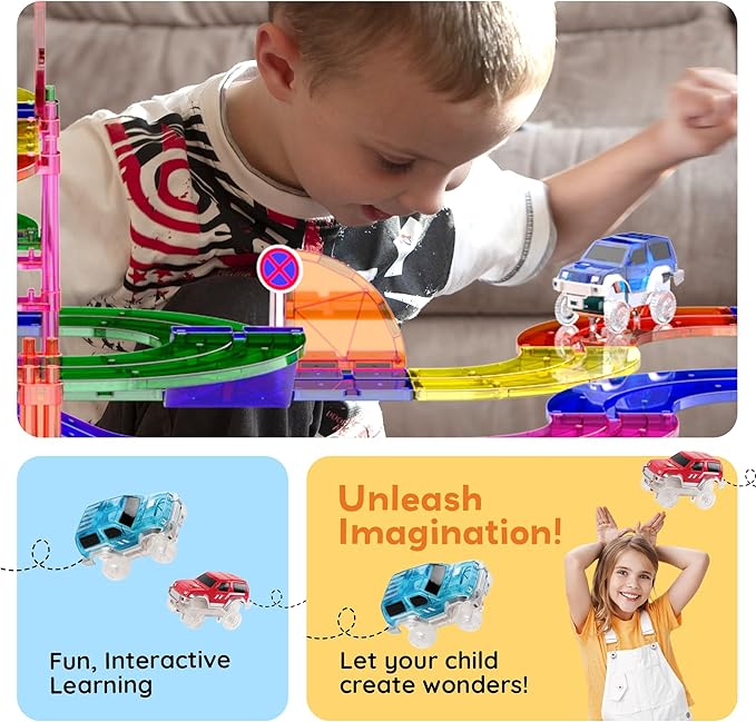 PicassoTiles 100pc Magnetic Tiles Race Track Building Set with LED Cars Adjustable Roads and Signs STEM Construction Toy Kit for Kids Educational Learning Toy for Boys and Girls Ages 3 and Up PTR100