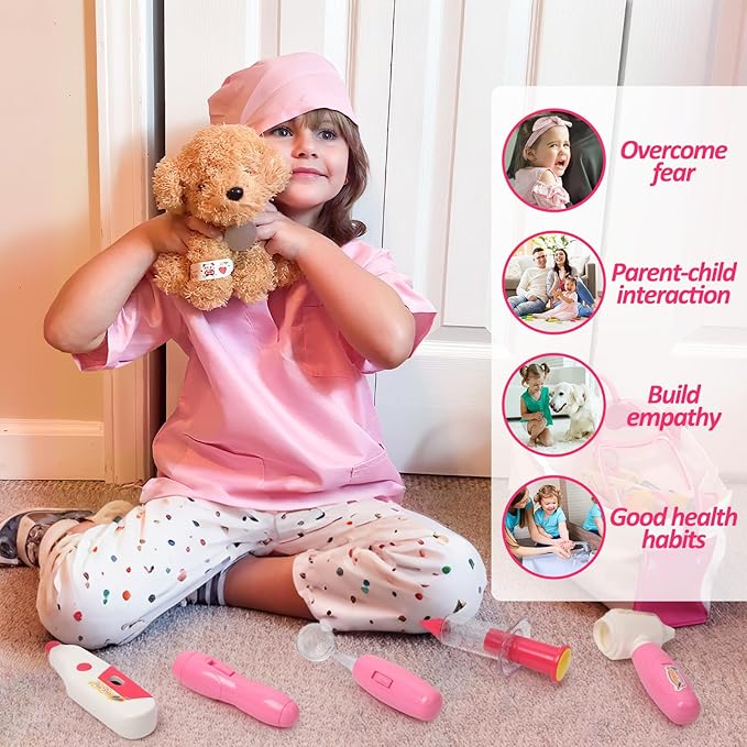 Liberry Doctor Kit for Toddlers Age 3 4 5 6, 26 Pcs Kids Doctor Playset with Dog Toy, Stethoscope and Dress Up Costume, Pretend Play Medical Gift for Girls, Pink