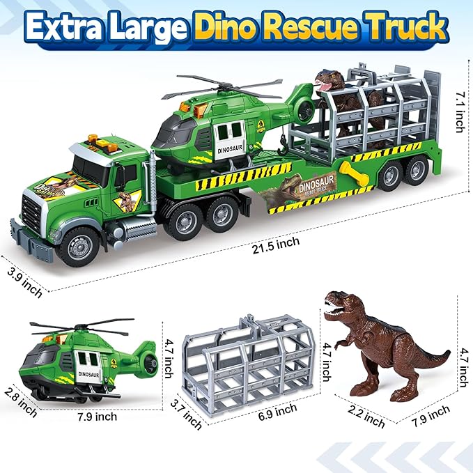 SpringFlower Carrier Dino Truck Kids Toys, 24“ Semi Truck Toy with Helicopter & Dino Toy with Lights, Sounds, Vehicle Toy for Toddlers 3 4 5 6 7, Birthday Gifts for Kids