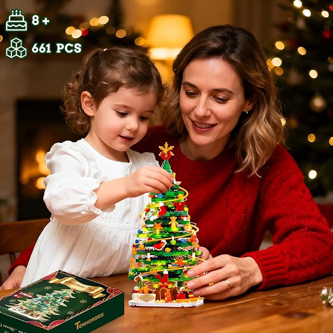 Christmas Tree with LED Light Building Blocks, Compatible with Lego Christmas Ornaments Set for Tabletop Home, Wreath Snowflake Xmas Decoration Stocking Stuffers Toy for Boys Girls Adults