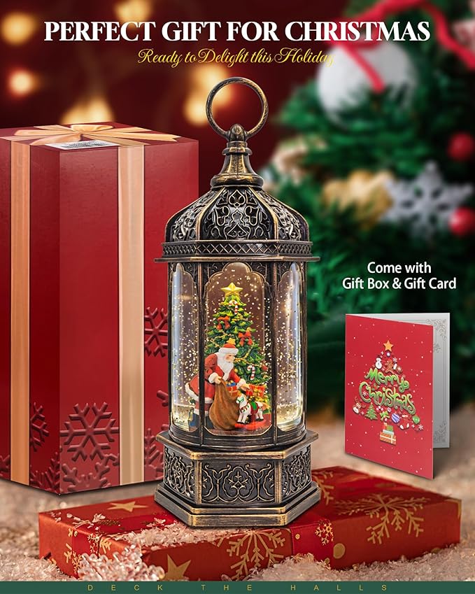 Musical Christmas Snow Globes Lantern, 13" Lighted Electric Snowglobes with 8 Holiday Songs, 6H Timer Dual Power, Santa with Gifts Christmas Ornaments Snow Globe for Kids Adults, Gifts for Men Women