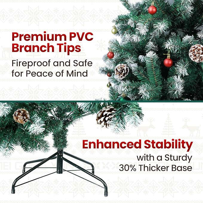 6ft Green Artificial Christmas Tree with Pine Cones and Snow Flocked Branches, Realistic Full Shape Xmas Tree with Sturdy Metal Stand for Indoor Holiday Decoration