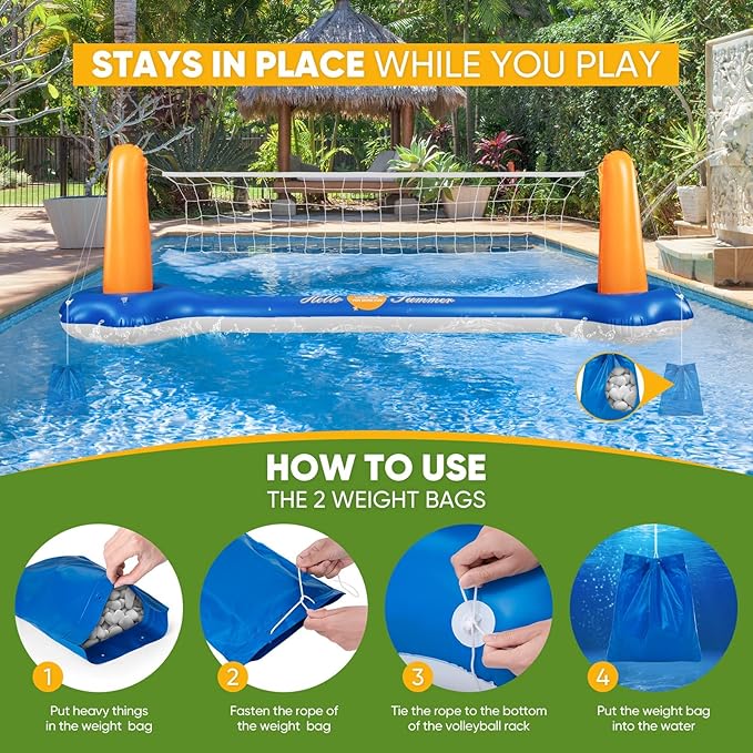 10.4' Larger Pool Volleyball Set & Basketball Hoop - 2024 NEW Pool Volleyball Net for Inground Pools Includes 2 Balls & 2 Weight Bags, Pool Toys Games for Adults and Family Party - Idea Summer Gift