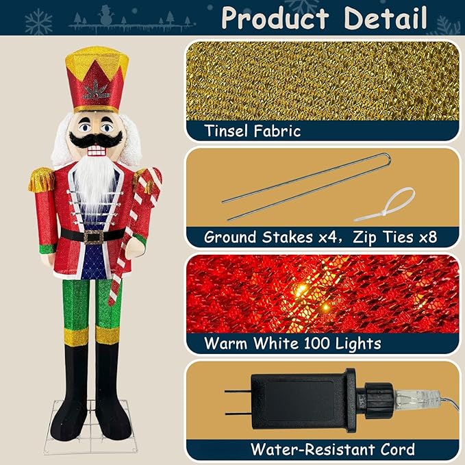 5FT Outdoor Christmas Lighted 3D Nutcracker with Candy Cane,100 LEDs Lighted-up,Outdoor Lighted Holiday Displays with Stakes & Zip Ties for All-Weather Christmas Yard Decoration, Porch, Lawn