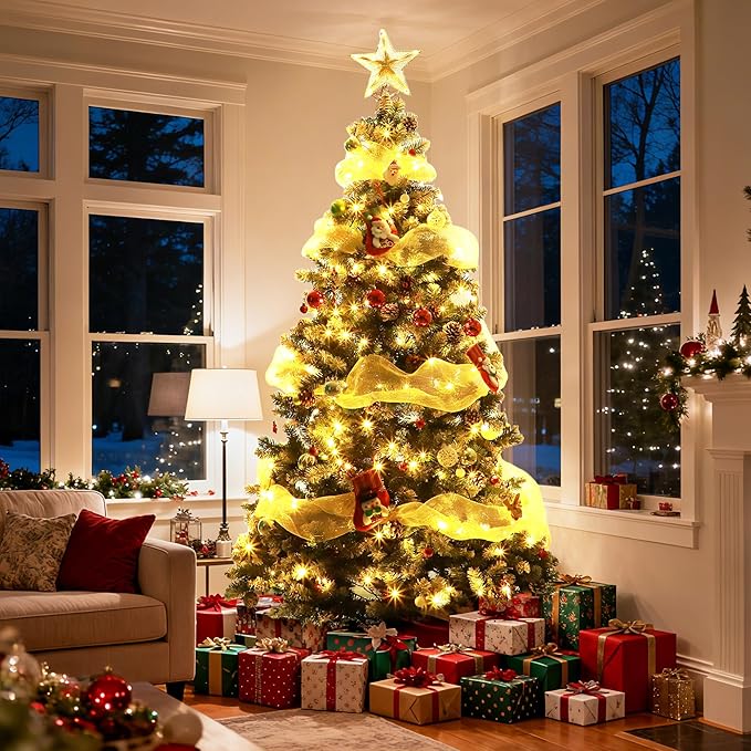 6ft Green Artificial Christmas Tree with Pine Cones and Snow Flocked Branches, Realistic Full Shape Xmas Tree with Sturdy Metal Stand for Indoor Holiday Decoration