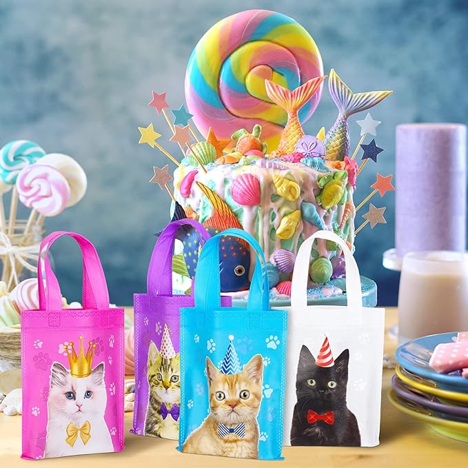 24 Pcs Cat Party Favor Bag Cute Cat Goodie Bags Pet Party Favor Shopper Pet Themed Treat Supplies Non Woven for Baby Shower Birthday Decoration Supplies