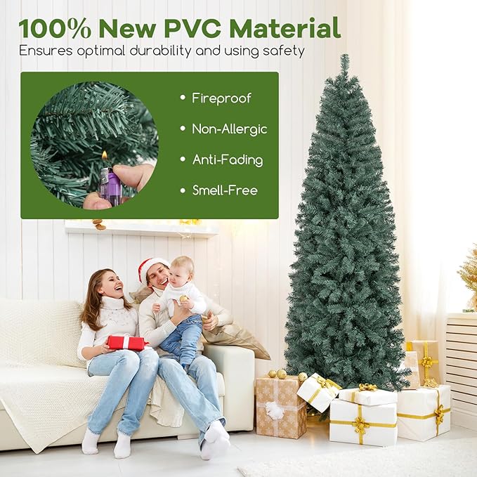 GOFLAME 7.5FT Pre-Lit Pencil Christmas Tree, Hinged Artificial Xmas Tree with 724 Branch Tips, 250 LED Lights, 9 Lighting Modes & Folding Metal Stand, Slim Holiday Decoration Tree for Home Party