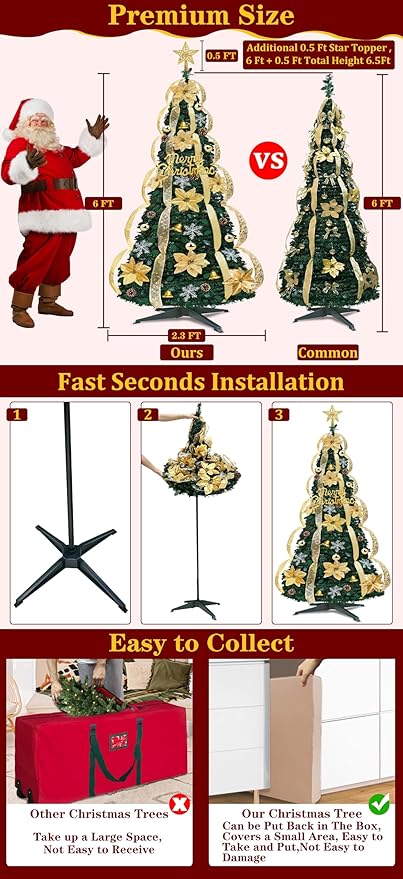 6Ft Pop Up Full Christmas Tree Prelit Dual Color Change and Pre-Decorated 80 Ornaments 1 Minute Christmas Tree 200 Warm White&Colored Lights Timer 8 Mode UL Plug in Collapsible Xmas Tree Holiday Decor