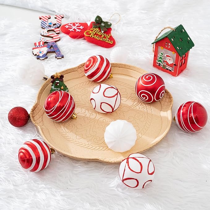 100Pcs Christmas Ball Ornaments Set, Shatterproof Plastic Red and White Christmas Ornaments for Xmas Tree, Assorted Baubles Hanging Decorations for Holiday/Party/Wedding