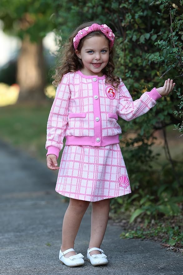 Disney Frozen Elsa Stitch Princess Moana Minnie Toddler Girl 2 Piece Outfit Kid Pearl Button Knit Top & Tweed Skirt Set 2-13Y