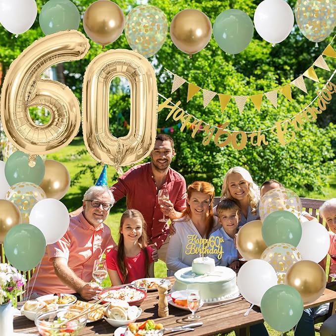 60th Birthday Decorations for Men Women, Sage Green White Gold Balloons With Happy 60th Banner, Cake Topper, Number 60 Foil Balloon for 60 Year Old Party Decoration