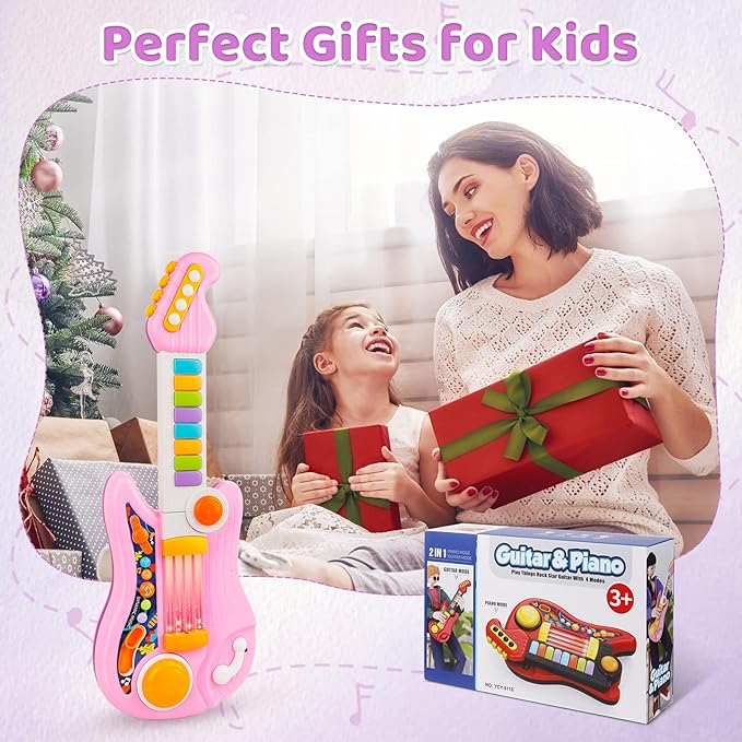 Kids Guitar 2 in 1 Musical Instruments for Kids Piano Toddler Toy Electric Guitars with Strap Music Toys for 3 4 5 Year Old Boys Girls Gifts (Pink)