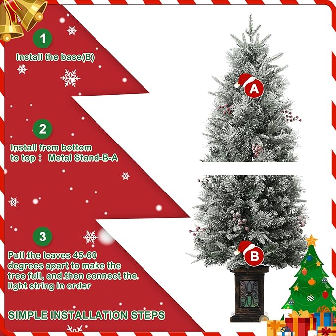 GarveeHome 4.5 ft Pre-Lit Flocked Artificial Christmas Tree with Pine Cones, Artificial Xmas Tree w/ 386 Branch Tips & 200 Lights, Antique Urn Base for Home, Party Decoration,2 PCS