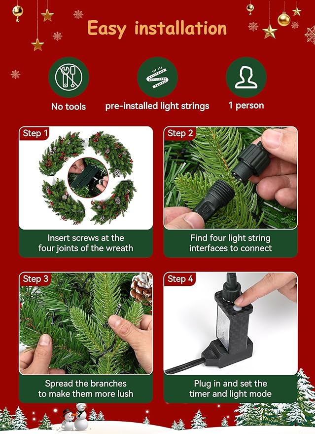 Brightown 48 Inch Large Pre-Lit Artificial Christmas Wreath,Outdoor Christmas Decorations with 200 LED Lights, Pine Cones & Berry Clusters,Outdoor Christmas Wreath for Door Wall Windows,Plug-in