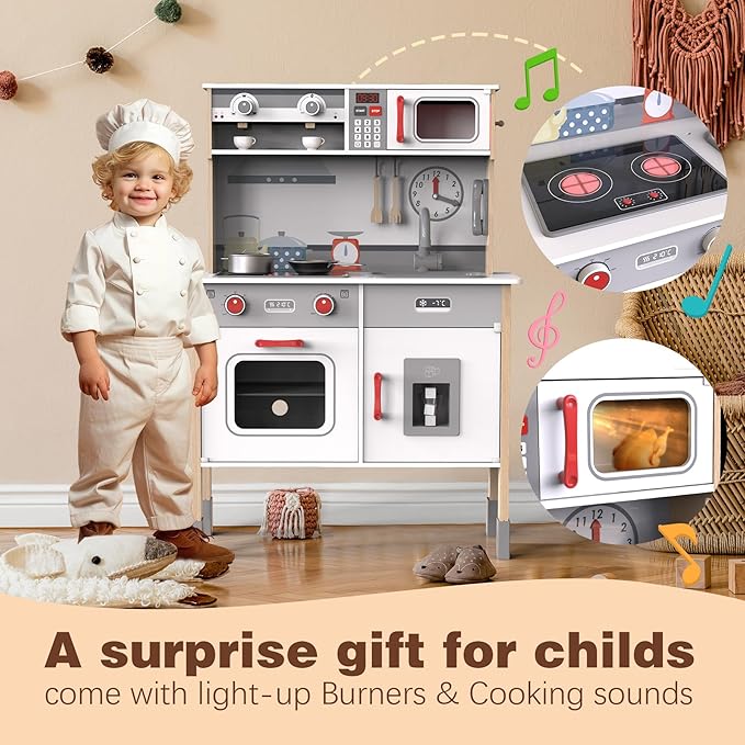 JOYOOSS Play Kitchen for Kids,Wooden Kids Kitchen Playset Toy Toddler Play Kitchen Set for Toddlers 3+ with Real Lights & Soundswith Cookware Accessories