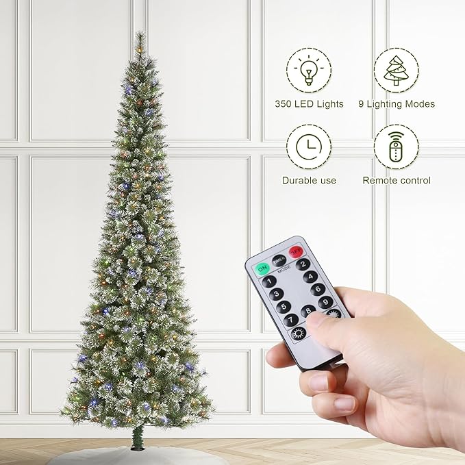 Glitzhome 9ft Prelit Christmas Tree, Artificial Christmas Trees, Portland Cashmere Pine Pencil Tree with 350 Warm White/Multi-Color C3 Clear LED Lights, 9 Function w/Remote Control, Easy Assembly