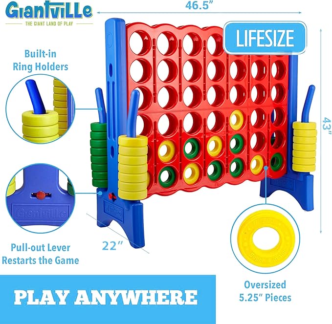 Giant 4 in a Row Connect Game + Storage Carry Bag - 4"-Feet Wide X 3.5"-Feet Tall - Oversized Jumbo Sized Entertainment for Outdoor/Indoor Play for Kids & Adults - Durable Waterproof - UPDATED VERSION
