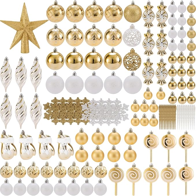 Shatterproof Christmas Ball Ornaments Set, 130 Pack Christmas Tree Decorations, Assorted Hanging Christmas Balls Bulk for Holiday Indoor Outdoor Xmas Party Decor (130 Golden)