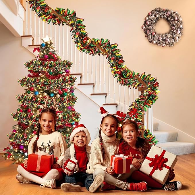 50ft Metallic Twist Tinsel Garland - Shiny Hanging Ornaments for Christmas Tree & Holiday Home Decoration - Red, Green, Gold