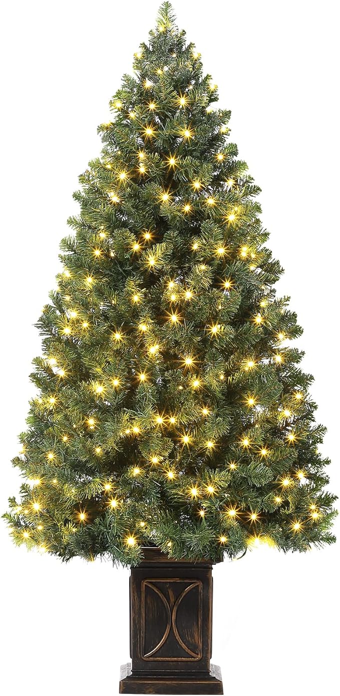 Garvee Pre-lit Artificial Christmas Tree with Warm White Lights, Green Full Christmas Tree 4.5 ft with 8 Light-Modes, Pre Lighted Xmas Tree W/460 Branch Tips, 300 Light & Black Base,1 PCS
