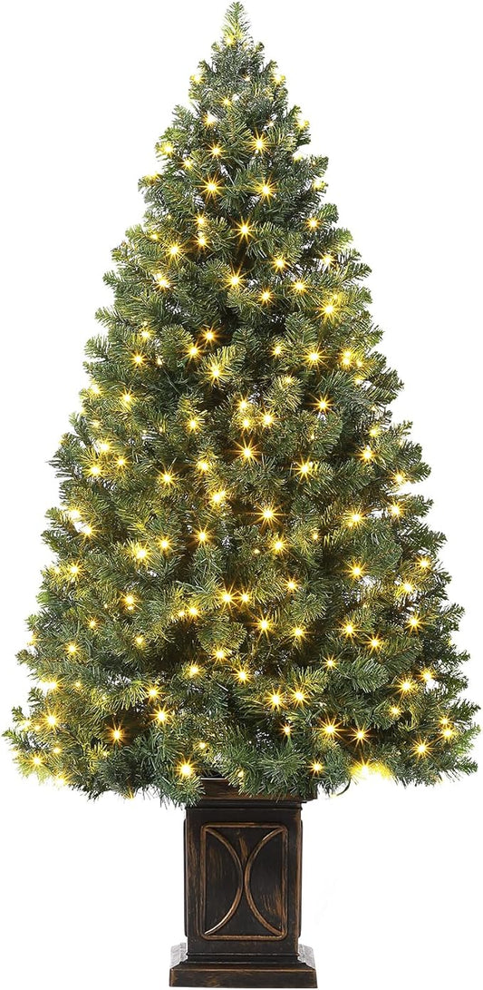 Garvee Pre-lit Artificial Christmas Tree with Warm White Lights, Green Full Christmas Tree 4.5 ft with 8 Light-Modes, Pre Lighted Xmas Tree W/460 Branch Tips, 300 Light & Black Base,1 PCS