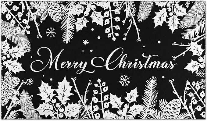 Black Christmas Doormat Outdoor Entrance Non-Slip Holly Pine Branches Pinecones Front Door Mat Merry Xmas Decor Washable Winter Welcome Doormat 17"x30" Christmas Decorations for Home Indoor Outdoor