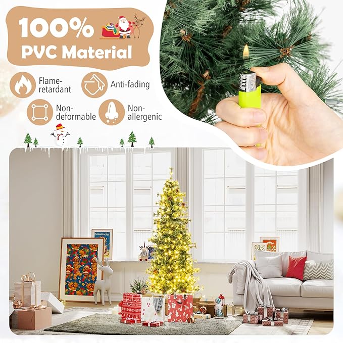 GOFLAME 7FT Pre-lit Christmas Tree, Artificial Xmas Tree with 300 Warm White LED Lights, 502 Branch Tips, Withered Branches, Pine Needles & 28 Pine Cones, Holiday Decoration Tree for Home Party