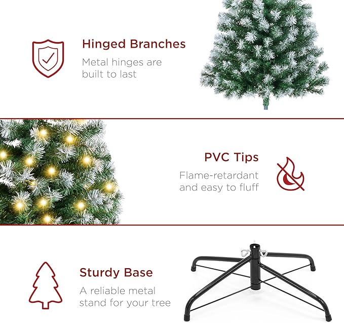 Best Choice Products Artificial Frosted Christmas Tree, 6ft Premium Pre-Lit Realistic Spruce Holiday Décor w/Dense Branches, Metal Base – Green Spruce