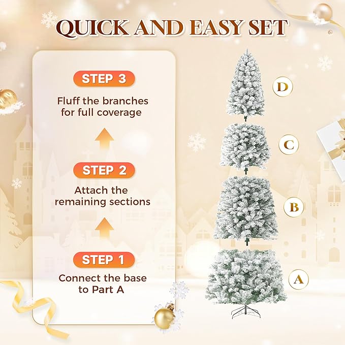 HOLLO STAR 9 ft Flocked Prelit Christmas Tree with 546 LED Lights, App Control, Skinny Artificial Pencil Christmas Tree, Multi-Color RGBW Lights, 1294 Branch Tips, for Small Space, Home, Party
