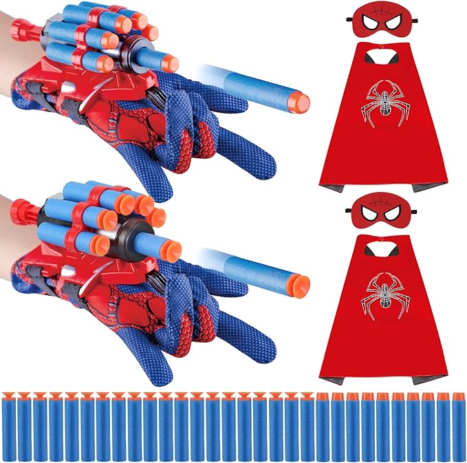 Superhero Wrist Shooter for Kids: 2 Sets Wrist Shoots Toys, Superhero Cosplay Toy Kids Capes and Mask Set Spider Toys for Boys 4-6, Role-Play Costume for Boys and Girls 3-8 Gifts