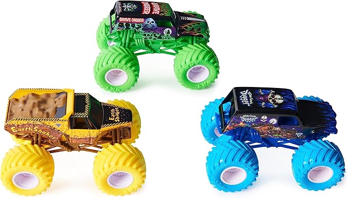 Monster Jam, Charged Crushers 3-Pack (Grave Digger, Son-Uva Digger and Earth Shaker), 1:64 Scale