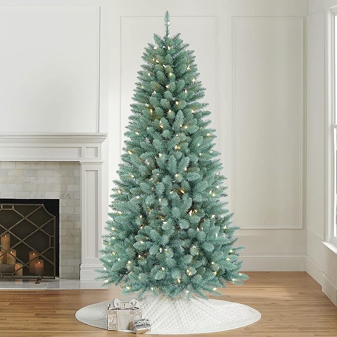 6.5FT Prelit Slim Artificial Christmas Tree with 813 Branch Tips, 250 Dual-Color LED Lights and Metal Stand, Realistic Skinny Pencil Blue Spruce Tree for Holiday Décor