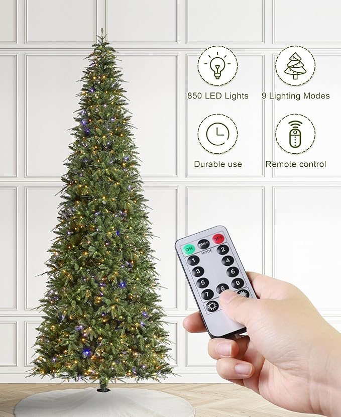 Glitzhome 11ft Prelit Artificial Christmas Tree,Radiant Evergreen Fir with 850 Warm White/Multi-color LED Lights,9 Function,w/Remote Control,Holiday Décor w/Easy Assembly,Metal Hinges & Foldable Base