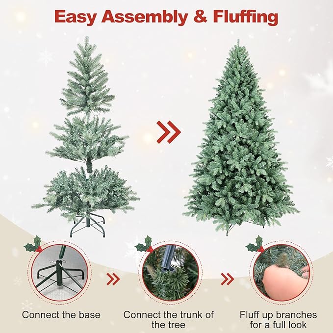 6 Ft Blue Spruce Artificial Christmas Tree, Hinged Unlit Xmas Trees with 1390 PE&PVC Mixed Branch Tips, Home Holiday School Decor with Foldable Base Easy Setup